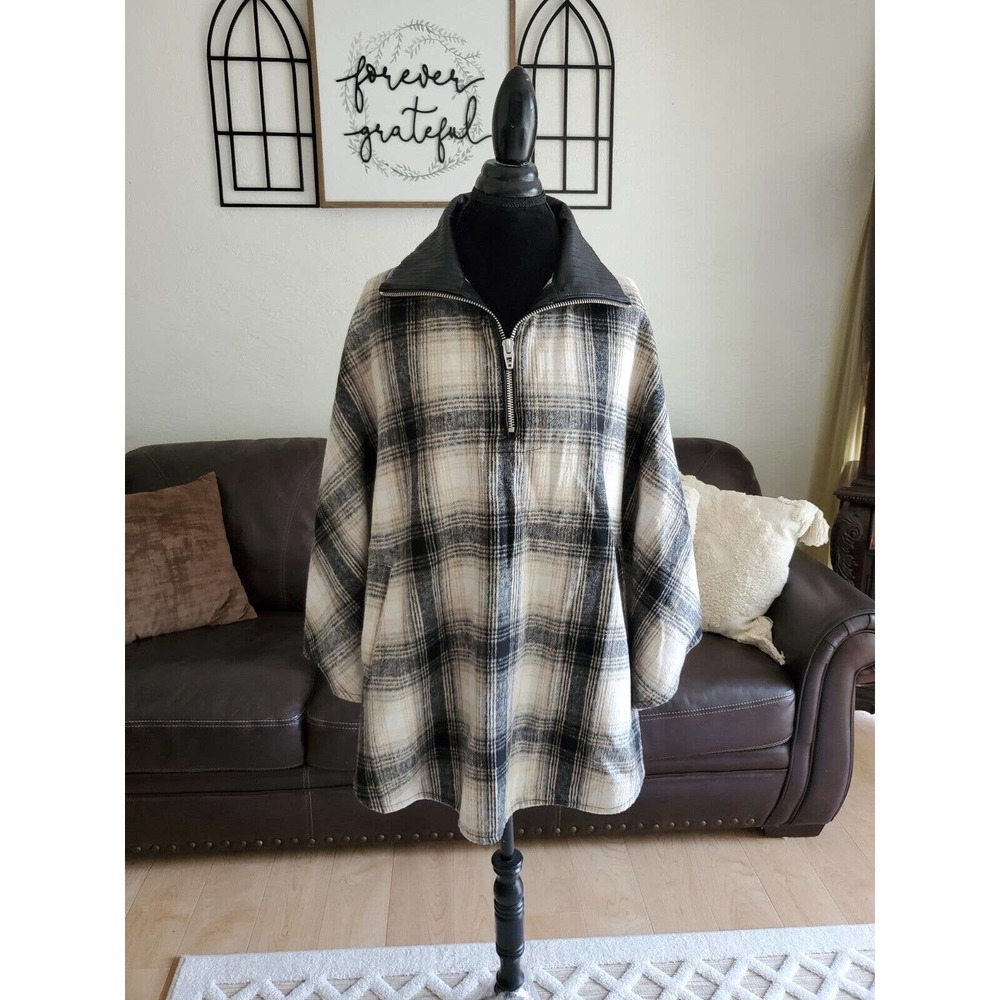 Blank NYC Plaid Pocketed Half Zip Collared Poncho Sweater One Size OS EUC Boho
